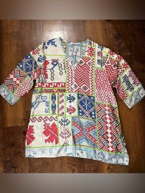 Johnny Was Tunic Boho Top Size Large Silk Colorful Multicolor Printed 3/4 sleeve